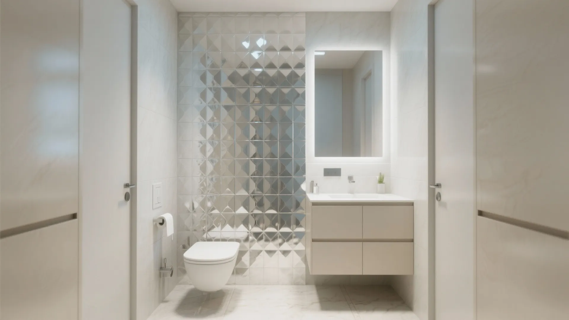 Minimalist white bathroom design with wall to wall mirror sink toilet and light grey floor tile