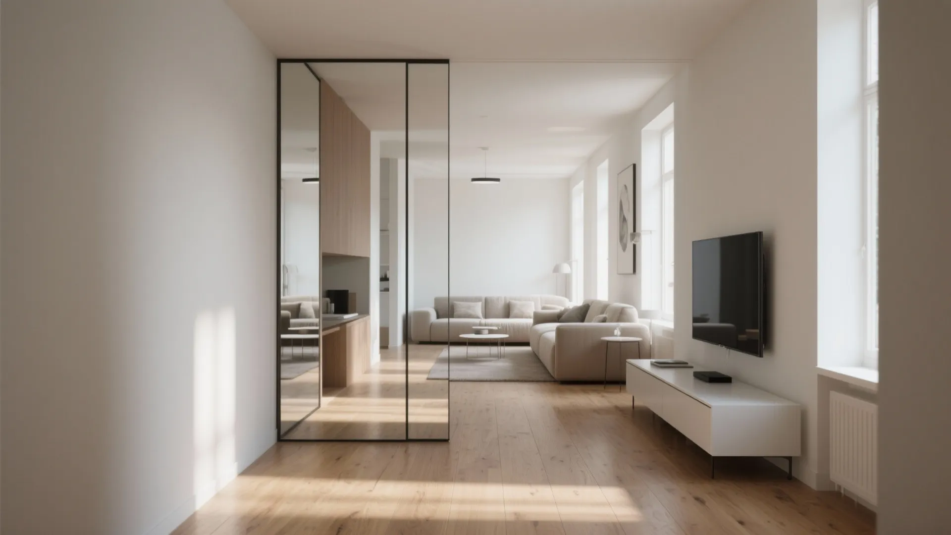 Floor-to-ceiling mirror in a narrow modern living room reflecting daylight.
