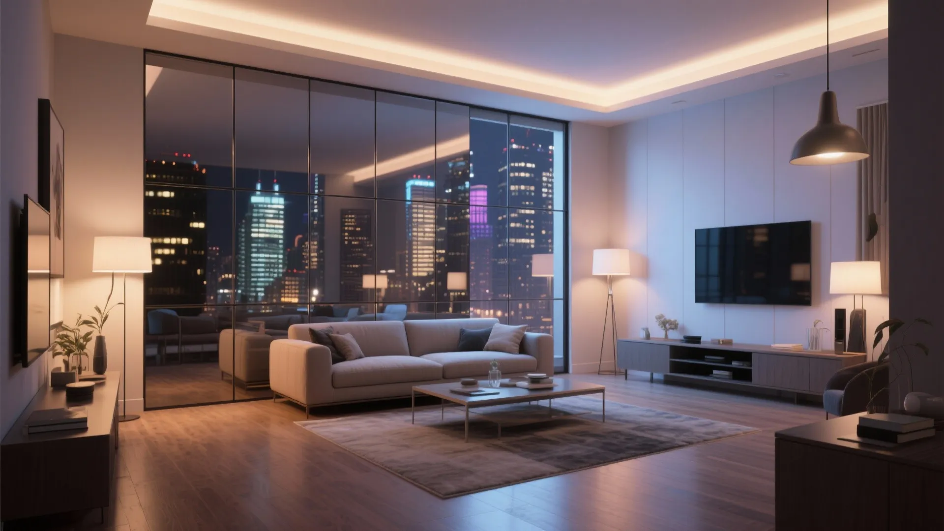 Living room with large mirror reflecting city lights sofa rug and warm yellow light fixtures