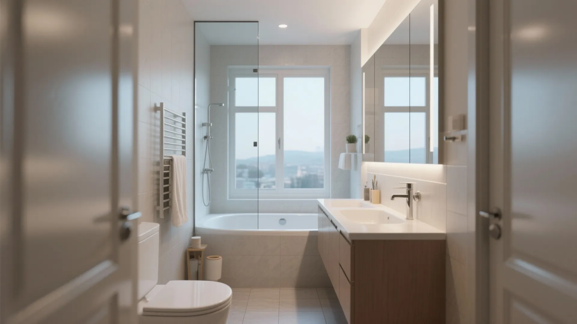 Small bathroom with floor-to-ceiling mirror creating depth