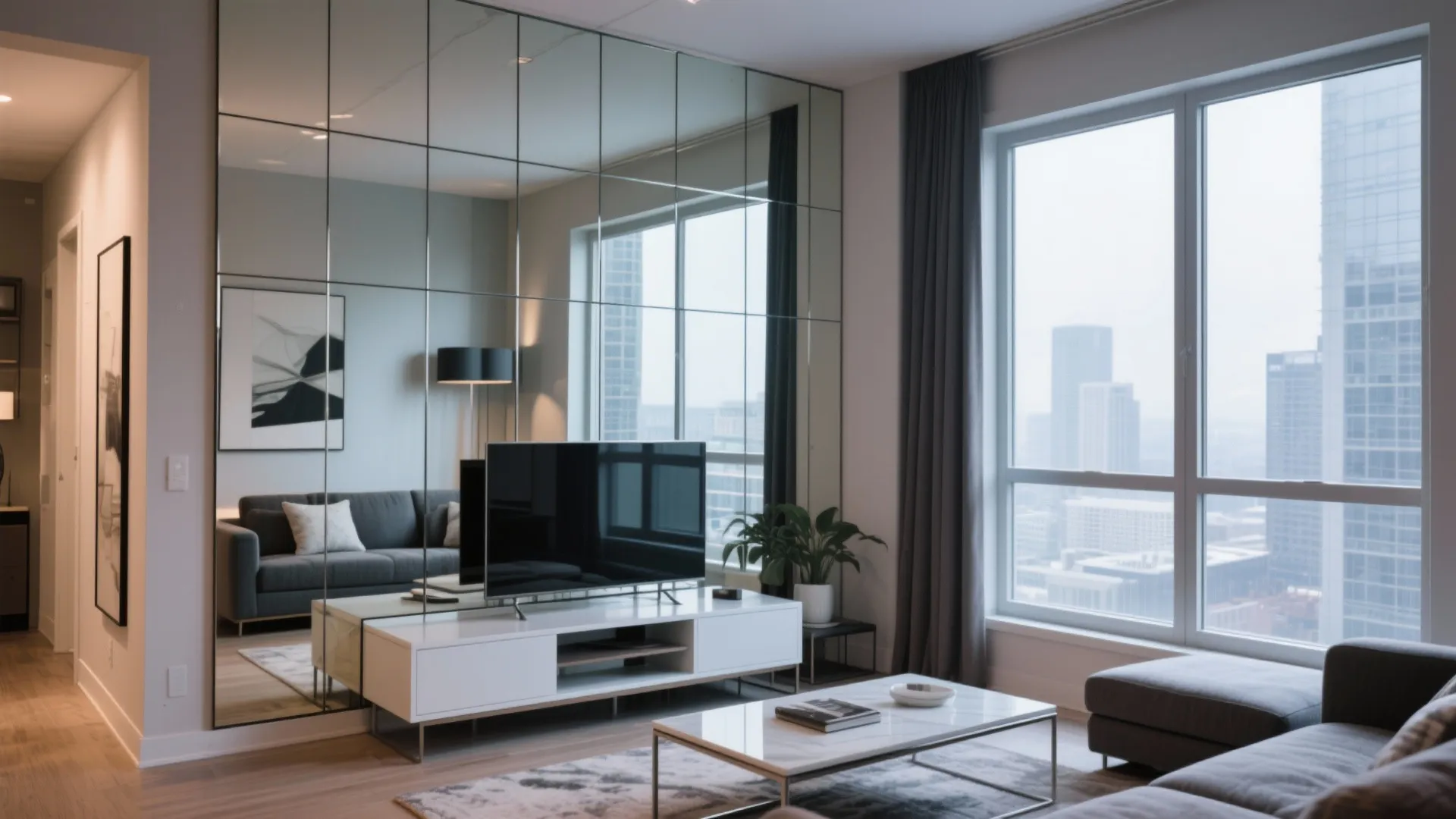 Floor-to-ceiling mirror wall making a small condo feel large