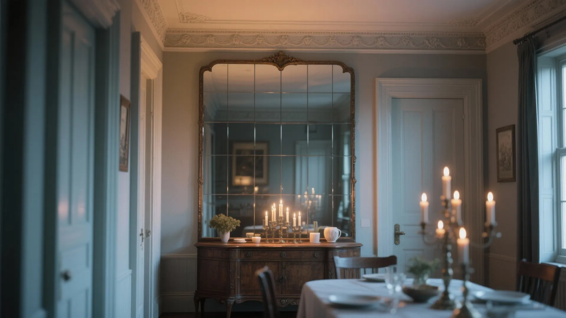 Narrow dining room with a floor-to-ceiling mirror panel behind a vintage buffet reflecting candlelight and height.
