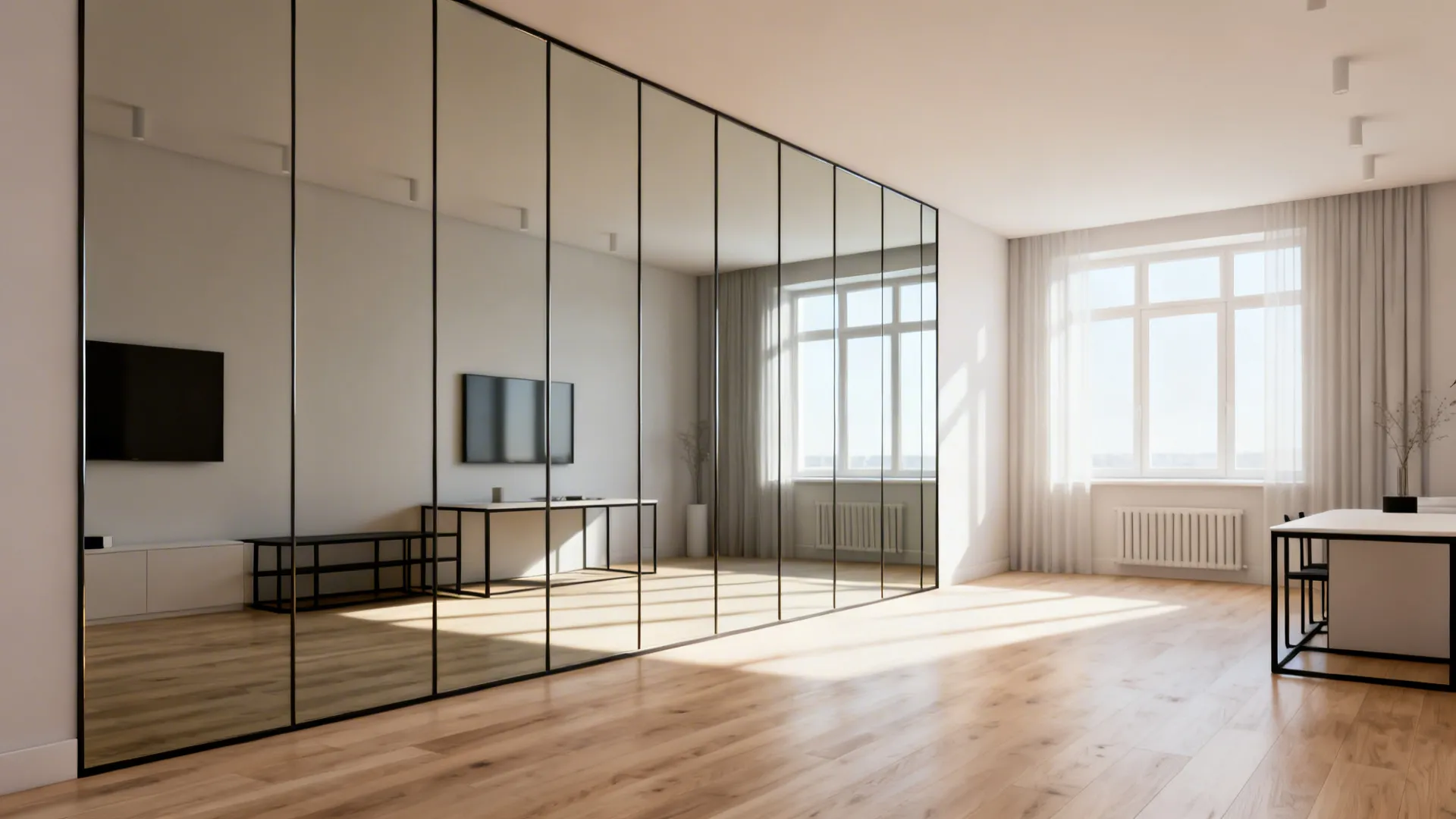 Studio apartment showing a full-height mirror panel creating a faux window and greater depth