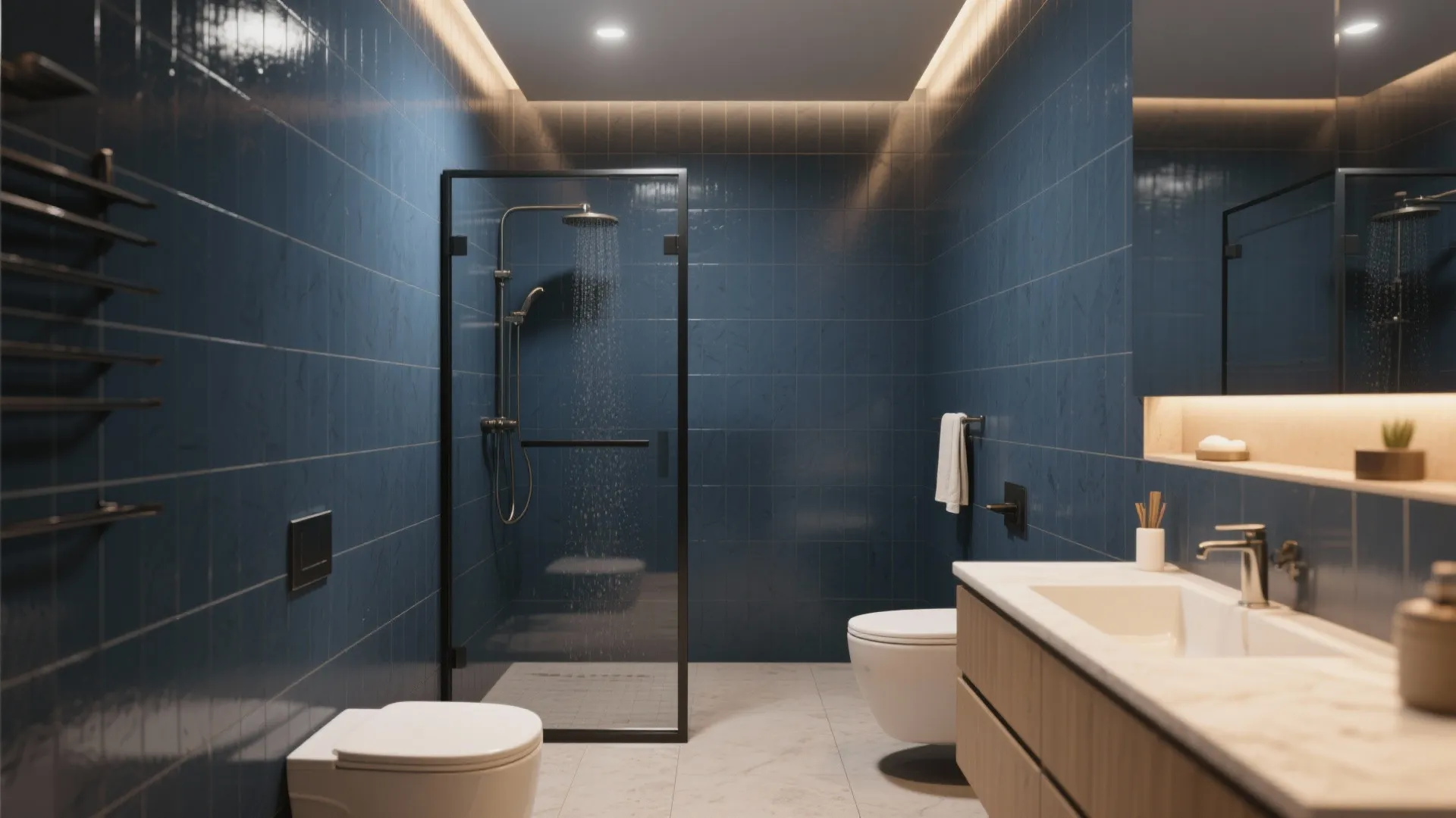 Spacious bathroom interior with blue wall tiles glass shower door wood cabinet and two white toilets
