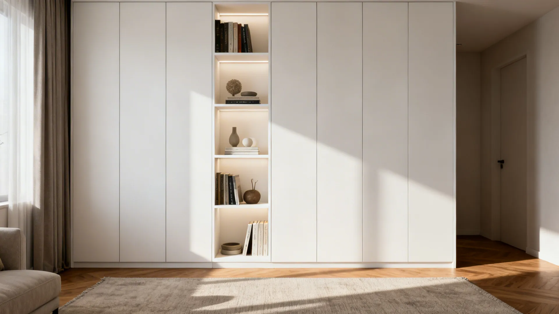Tall white cabinets with open display niches holding books and decor in a small living room.