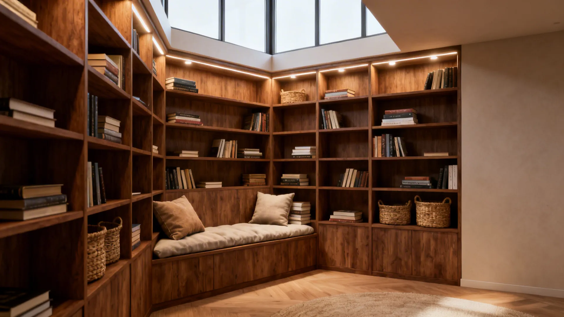 Floor-to-ceiling shelving framing a cushioned reading nook with books and baskets.