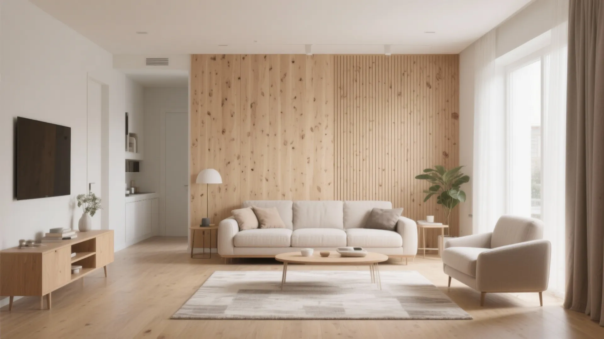 Minimalist living room with white sofa wooden wall paneling light wood floor and natural sunlight