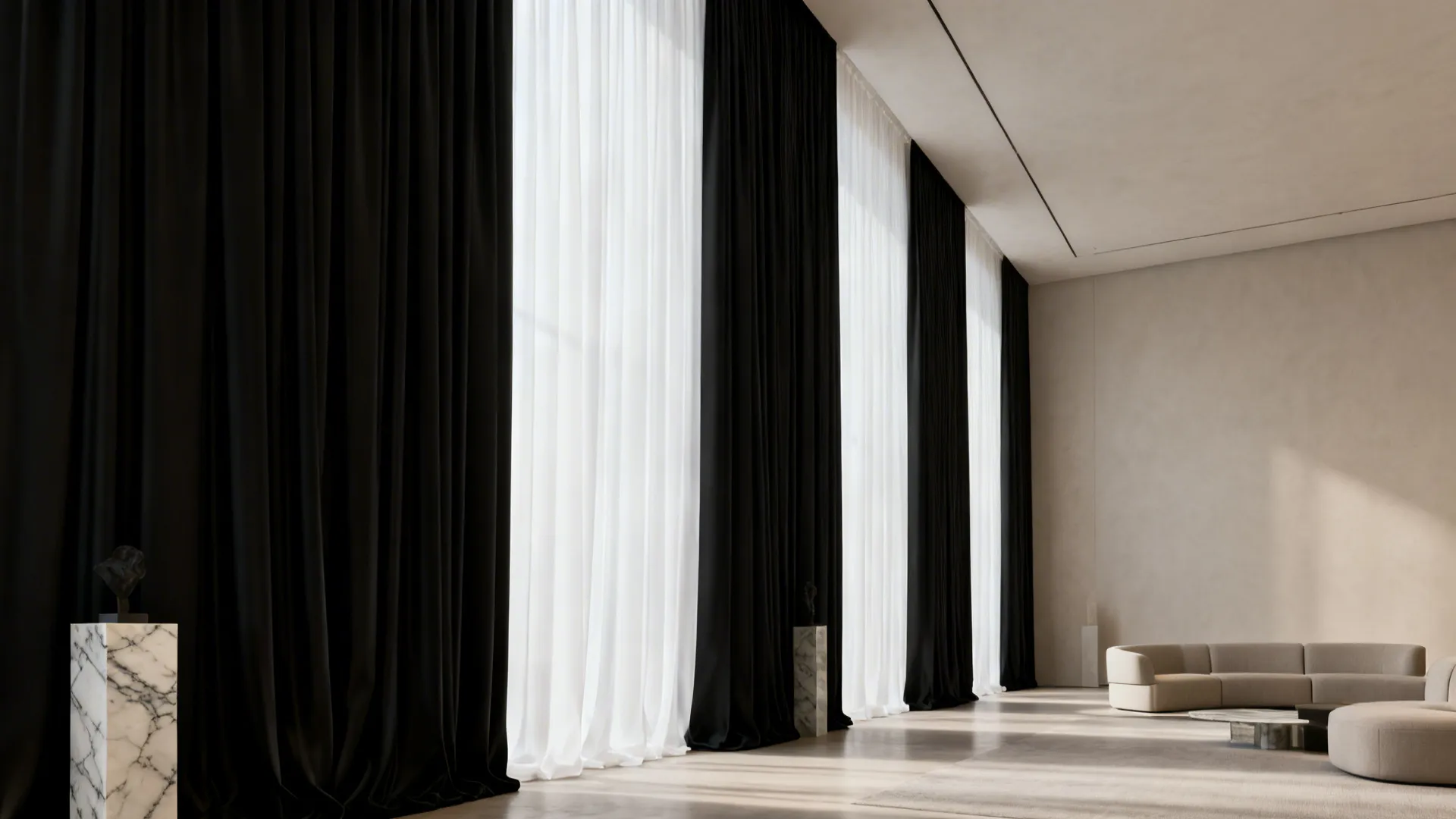 1. High-contrast floor-to-ceiling panels