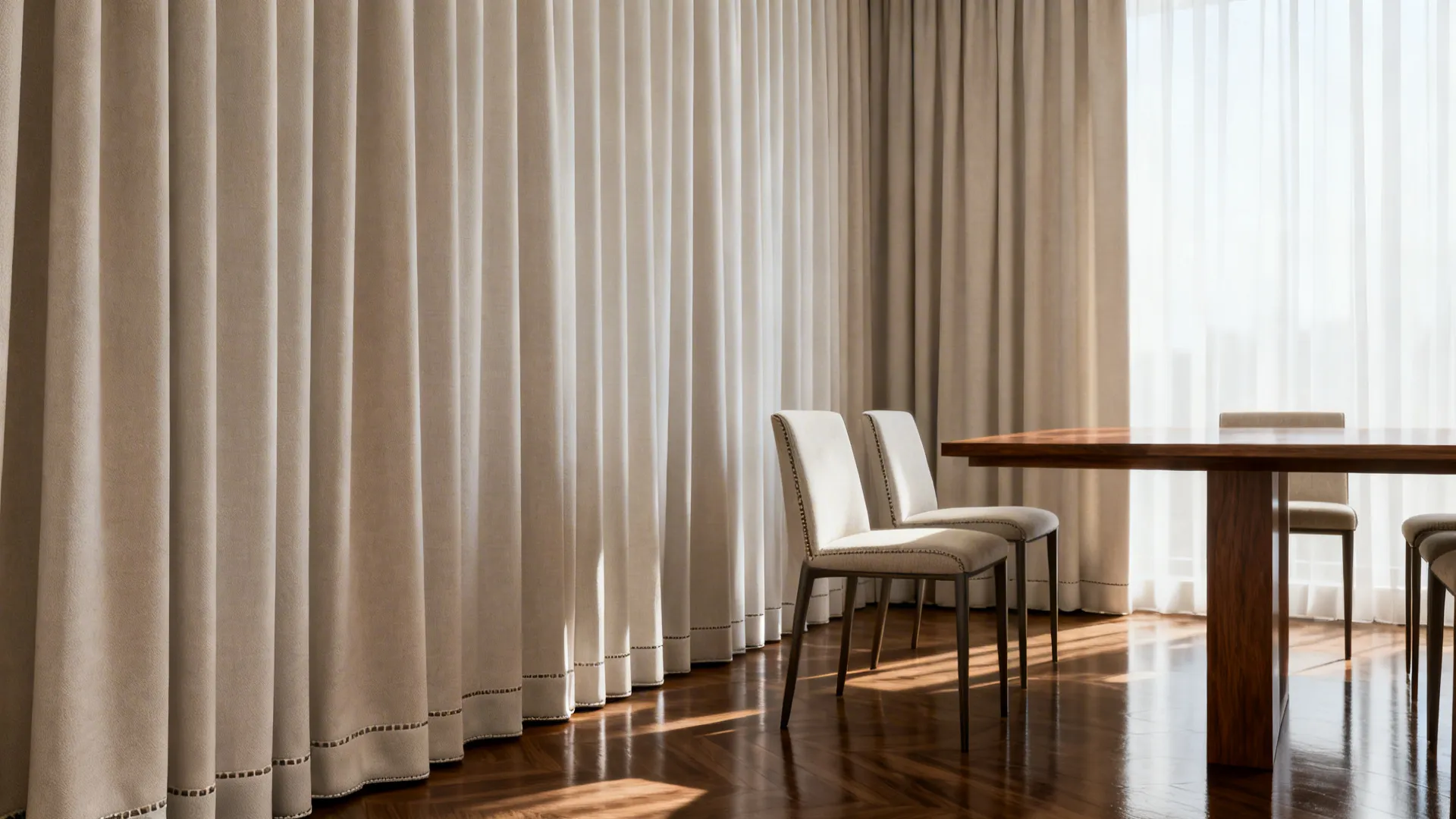 Formal small dining nook with tailored floor-to-ceiling curtain panels that streamline the space.