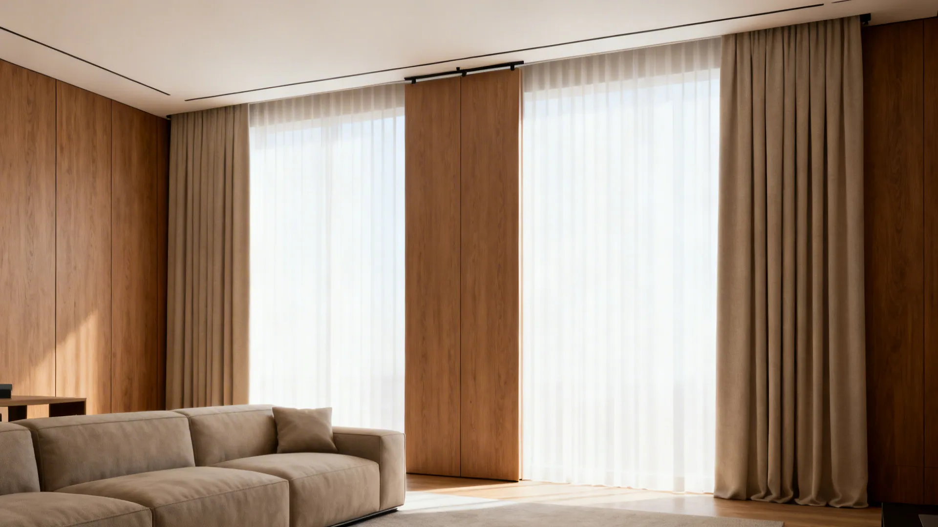 Minimal living room with ceiling-mounted curtains that graze the floor to visually raise height.