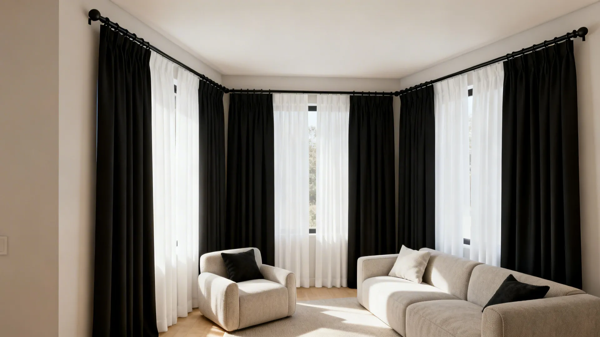 Compact living room with high-contrast floor-to-ceiling black and white curtain panels and balanced neutral furniture