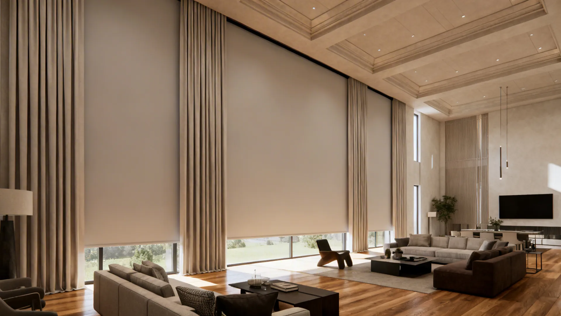 Modern living room with ceiling-mounted floor-to-ceiling blackout curtains making the space feel taller.