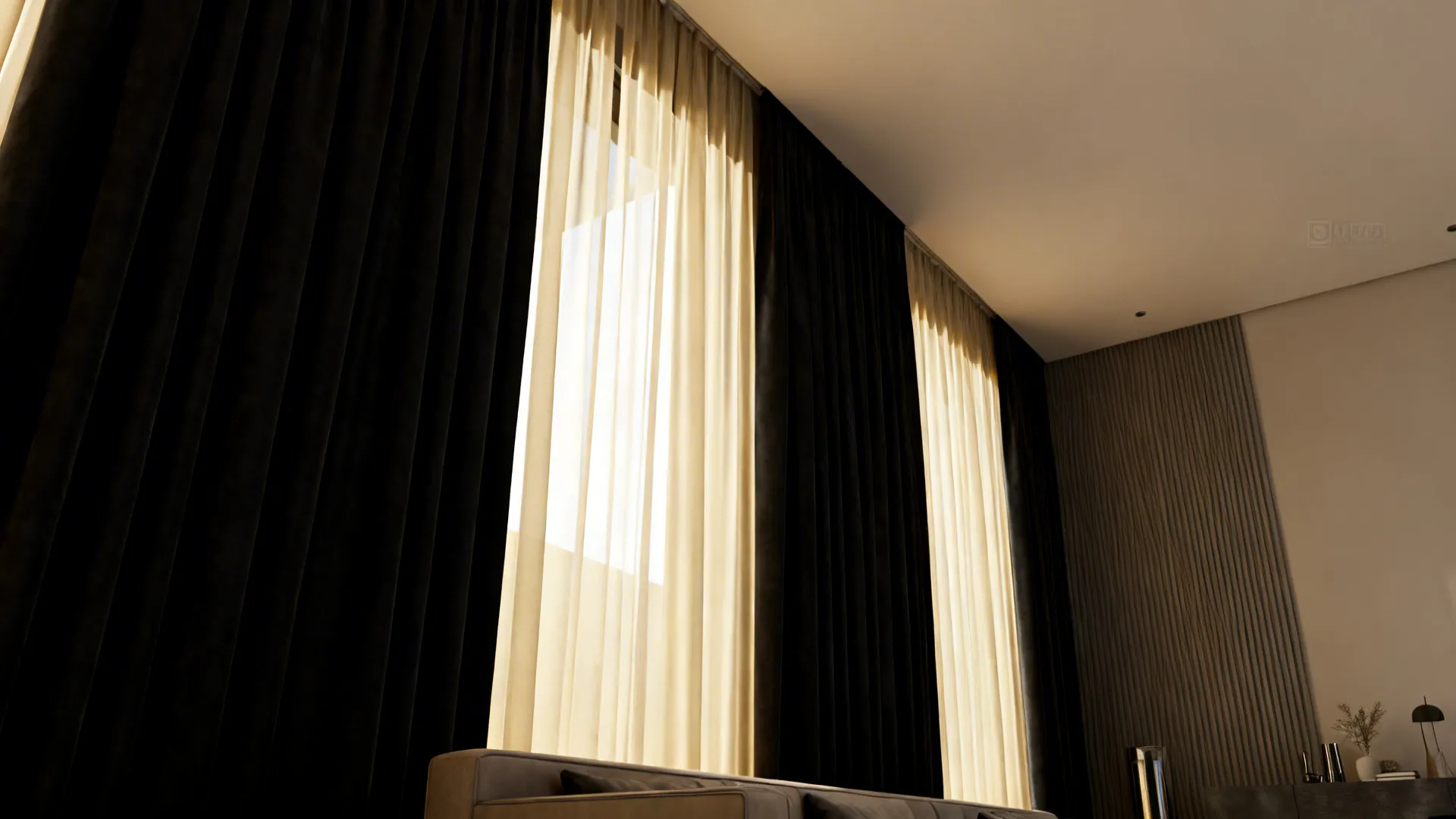 Tall black curtain panels layered with cream sheers in a small living room.