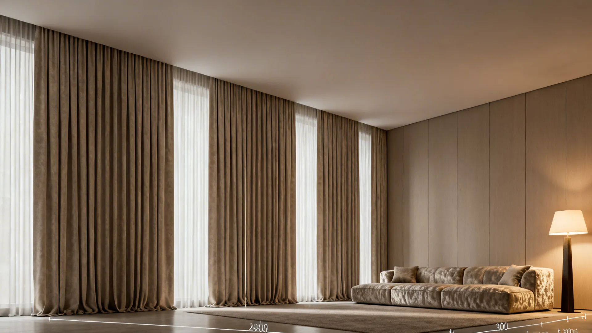 Large living room featuring floor to ceiling beige curtains wall panels sofa and floor lamp