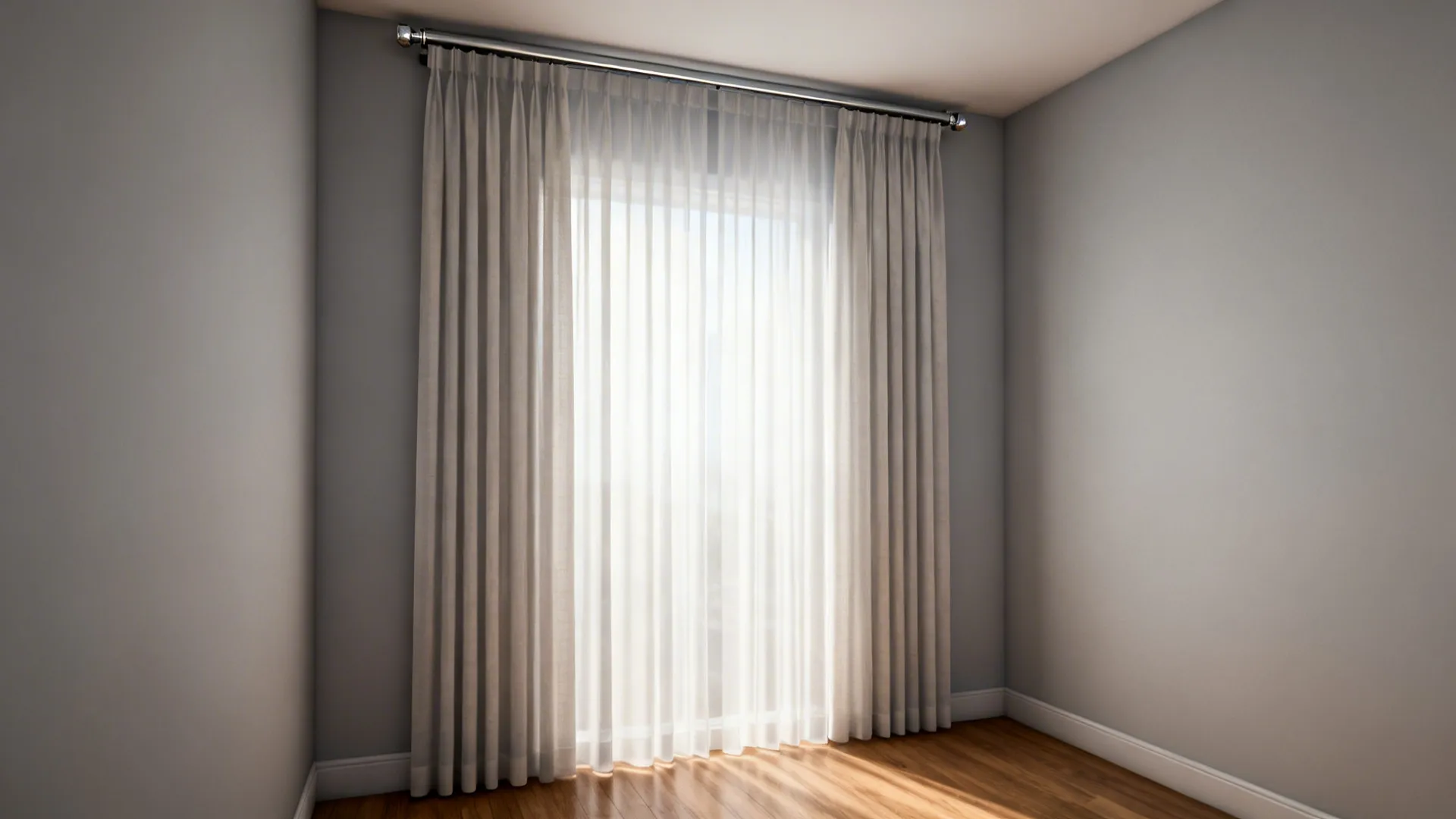 Corner of a small room with ceiling-mounted floor-to-ceiling linen panels creating vertical drama