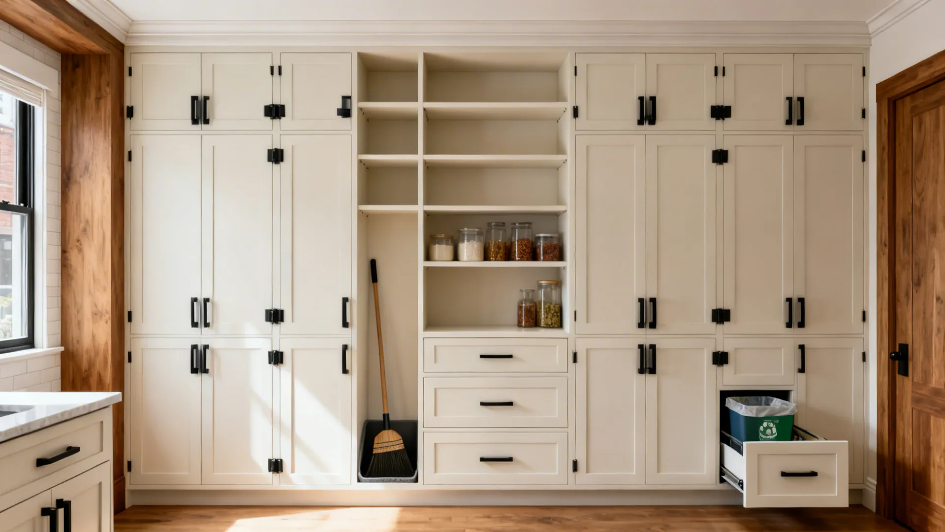 Full-height pantry wall with tall cabinets, deep drawers, and a broom niche in a small kitchen.