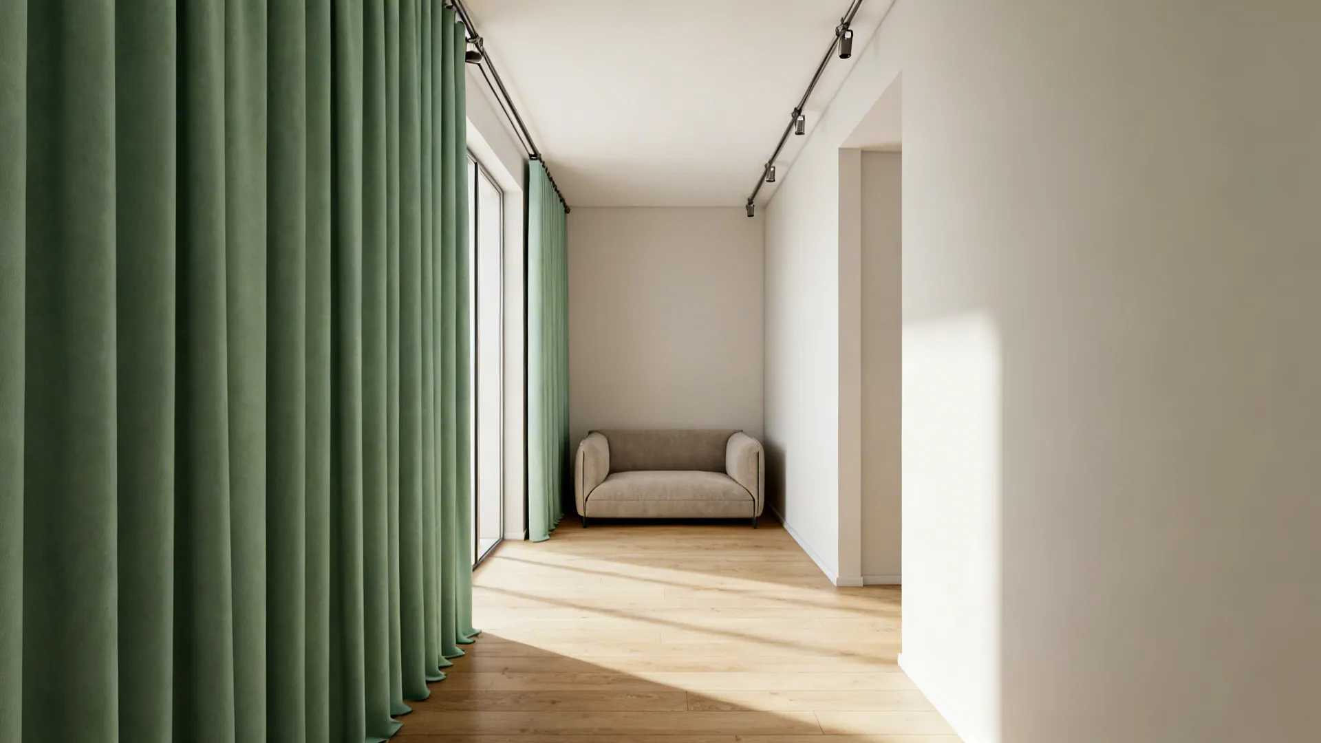 Floor to ceiling green curtains in a modern room with wooden floor and beige sofa