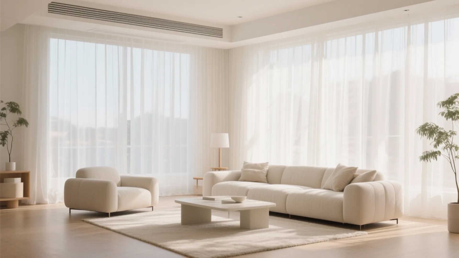 Bright minimalist living room with white sofa and large windows covered by thin white see-through curtain