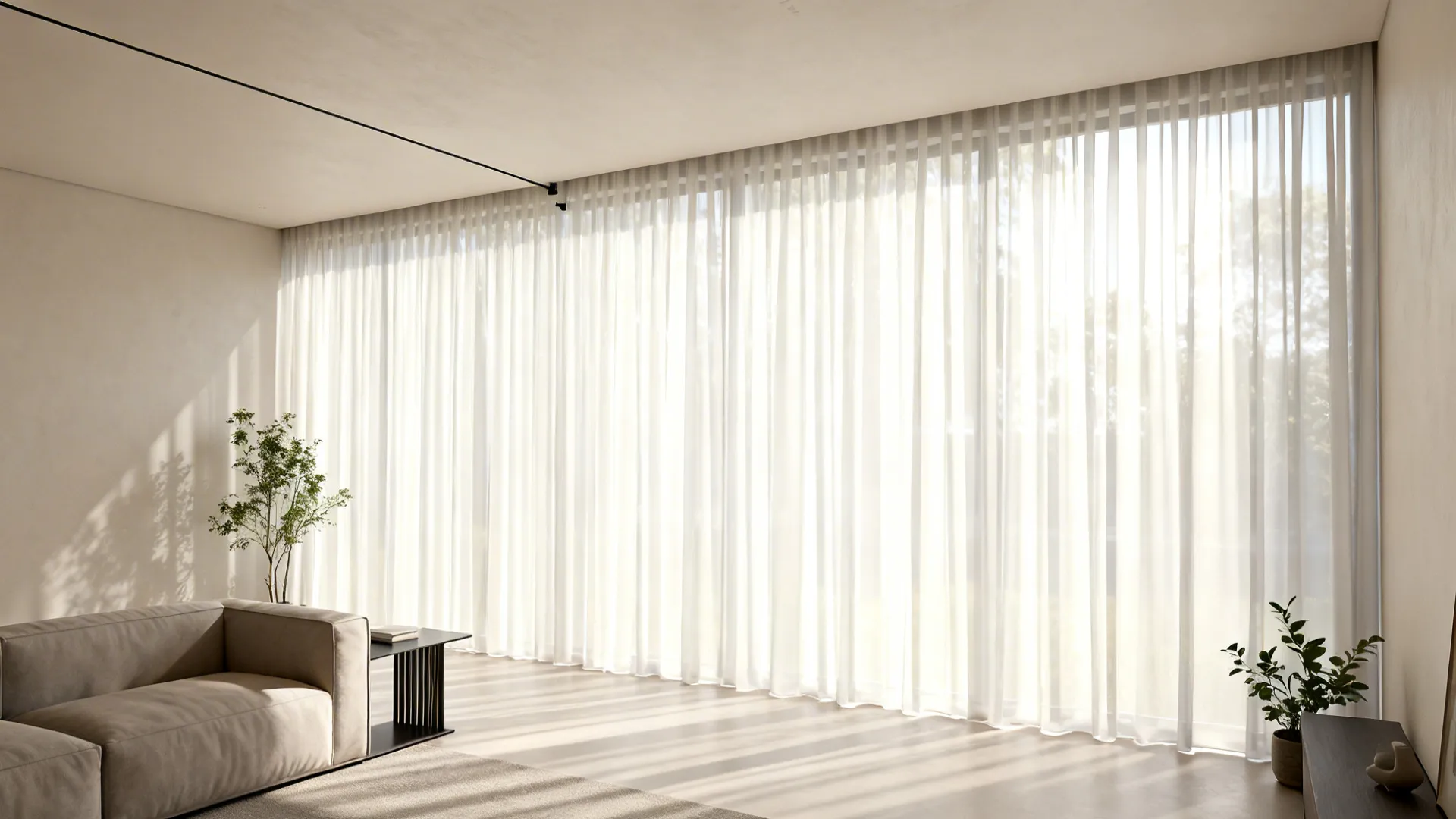 Small living room with floor-to-ceiling sheers that visually raise the ceiling