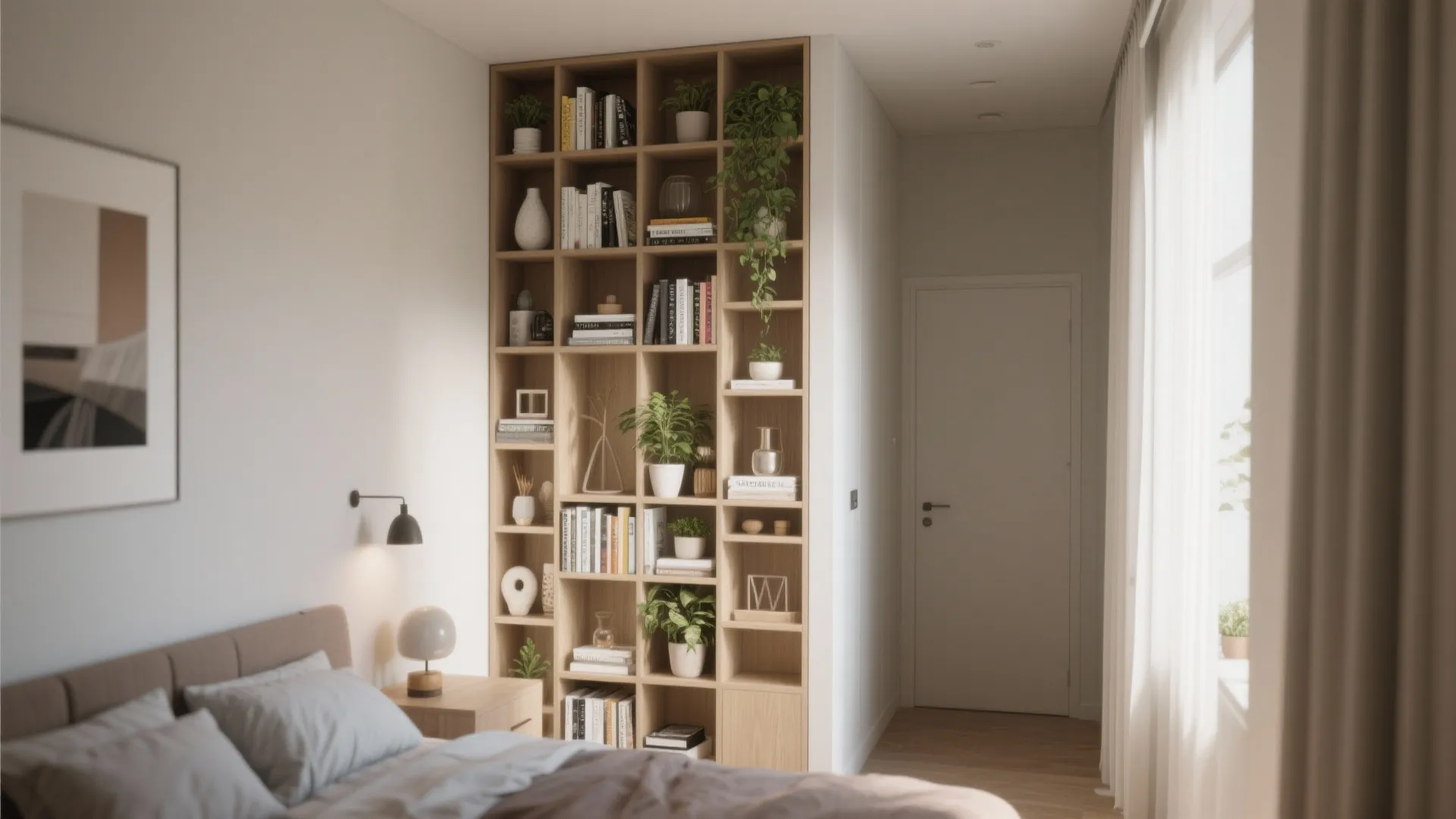 Tall wooden bookshelves filled with books and green plants in a modern bright bedroom corner