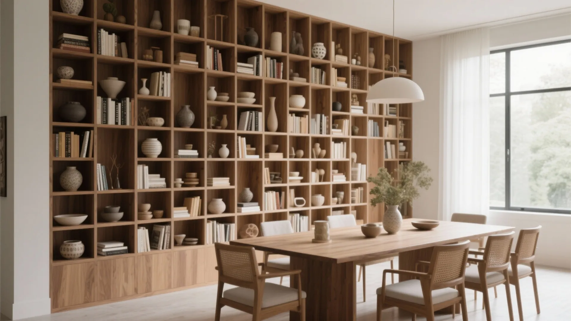 Tall shelving unit filling dining room wall