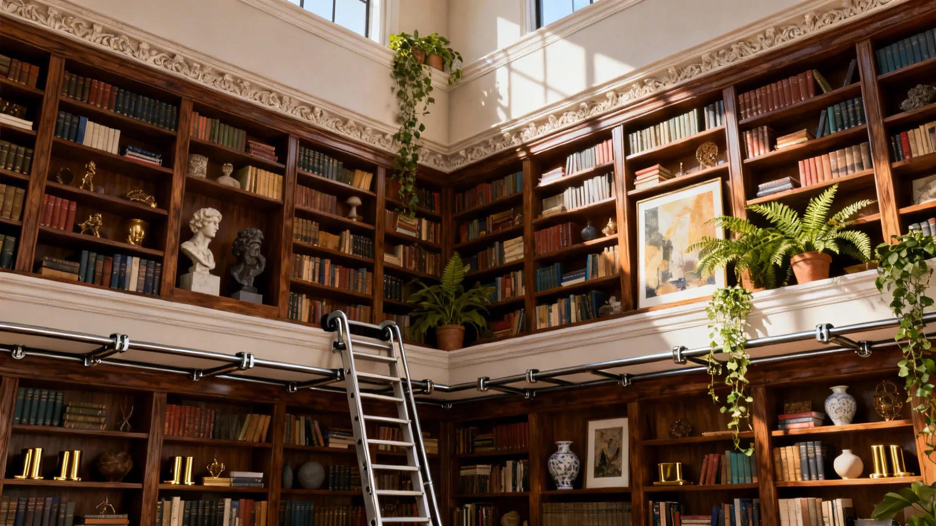 Two-story built-in bookshelves with a rolling ladder, styled with books, art, and plants