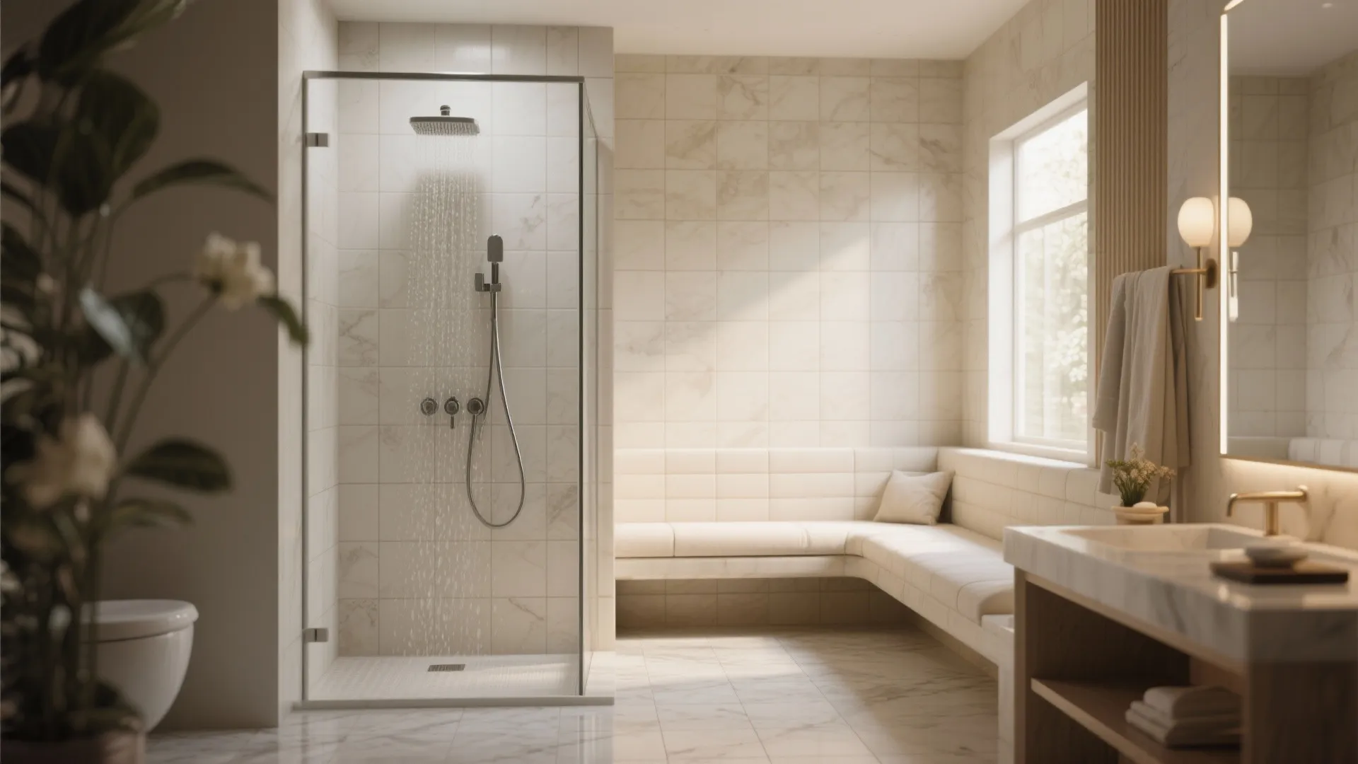 Luxury bathroom with glass shower corner white seating bench marble wall tiles and natural light