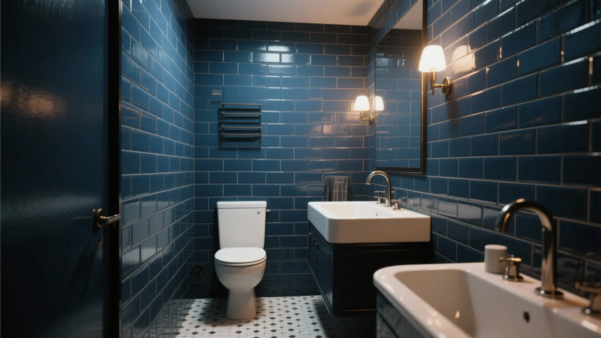 Modern bathroom featuring dark blue wall tiles white toilet black cabinet and warm wall light