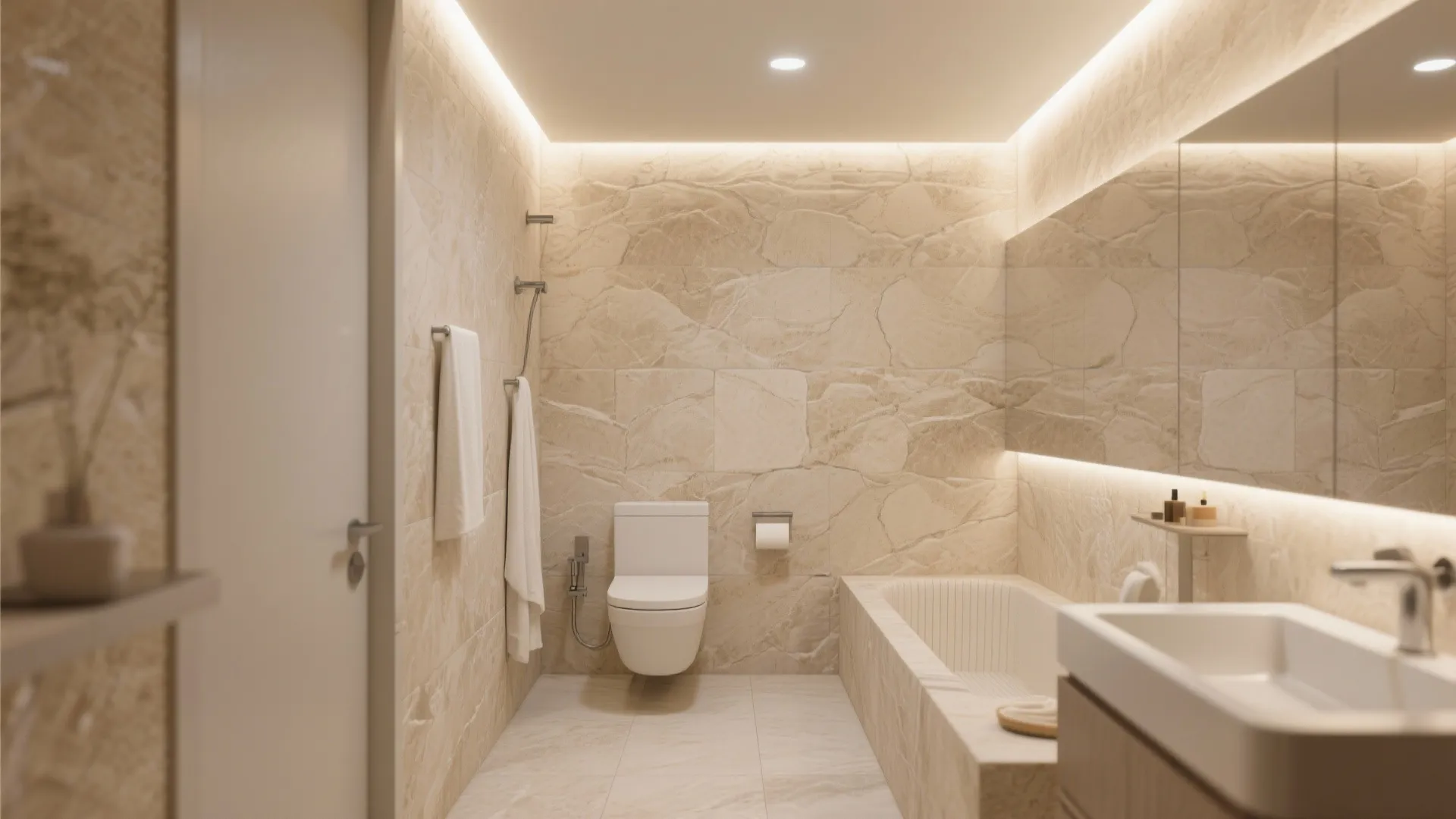 1. Floor-to-Ceiling Travertine Walls