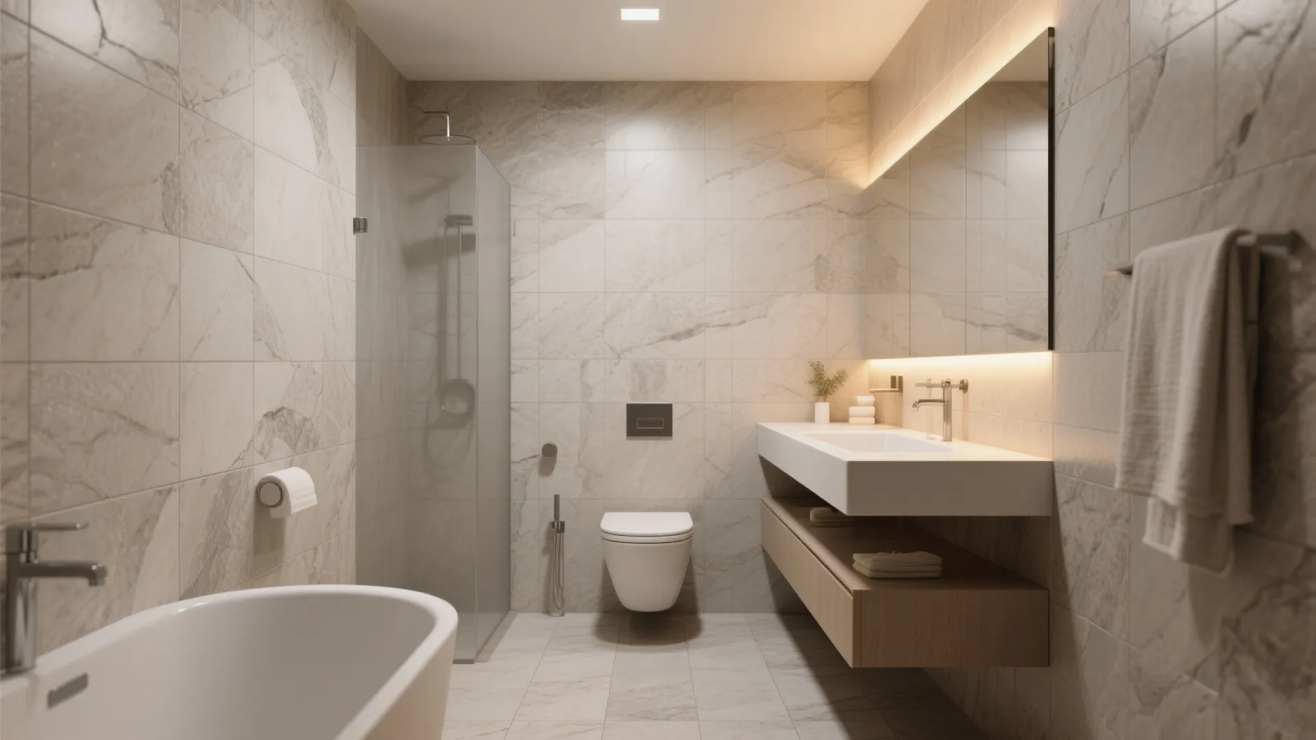 Contemporary bathroom with white bathtub, glass shower, wall-mounted toilet, wooden vanity, and matching marble tiles
