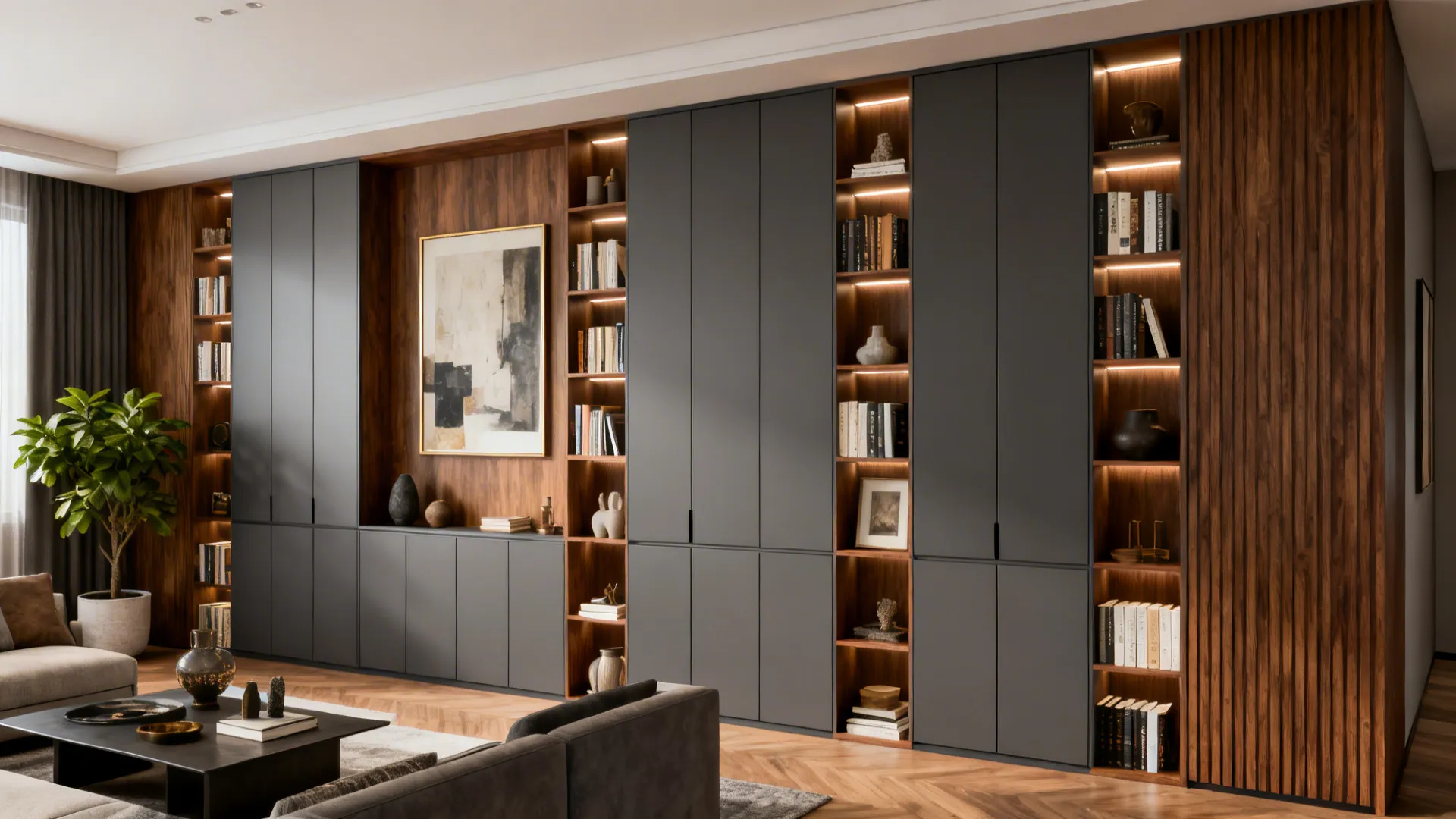2. Floor-to-ceiling wall unit with mixed open and closed sections