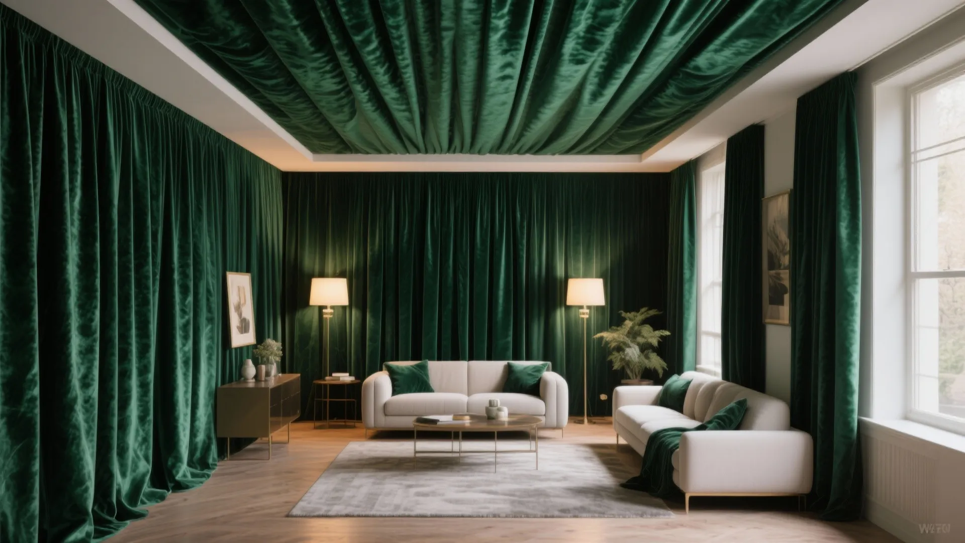 Luxurious living room with green velvet curtains covering walls and ceiling plus white modern sofas