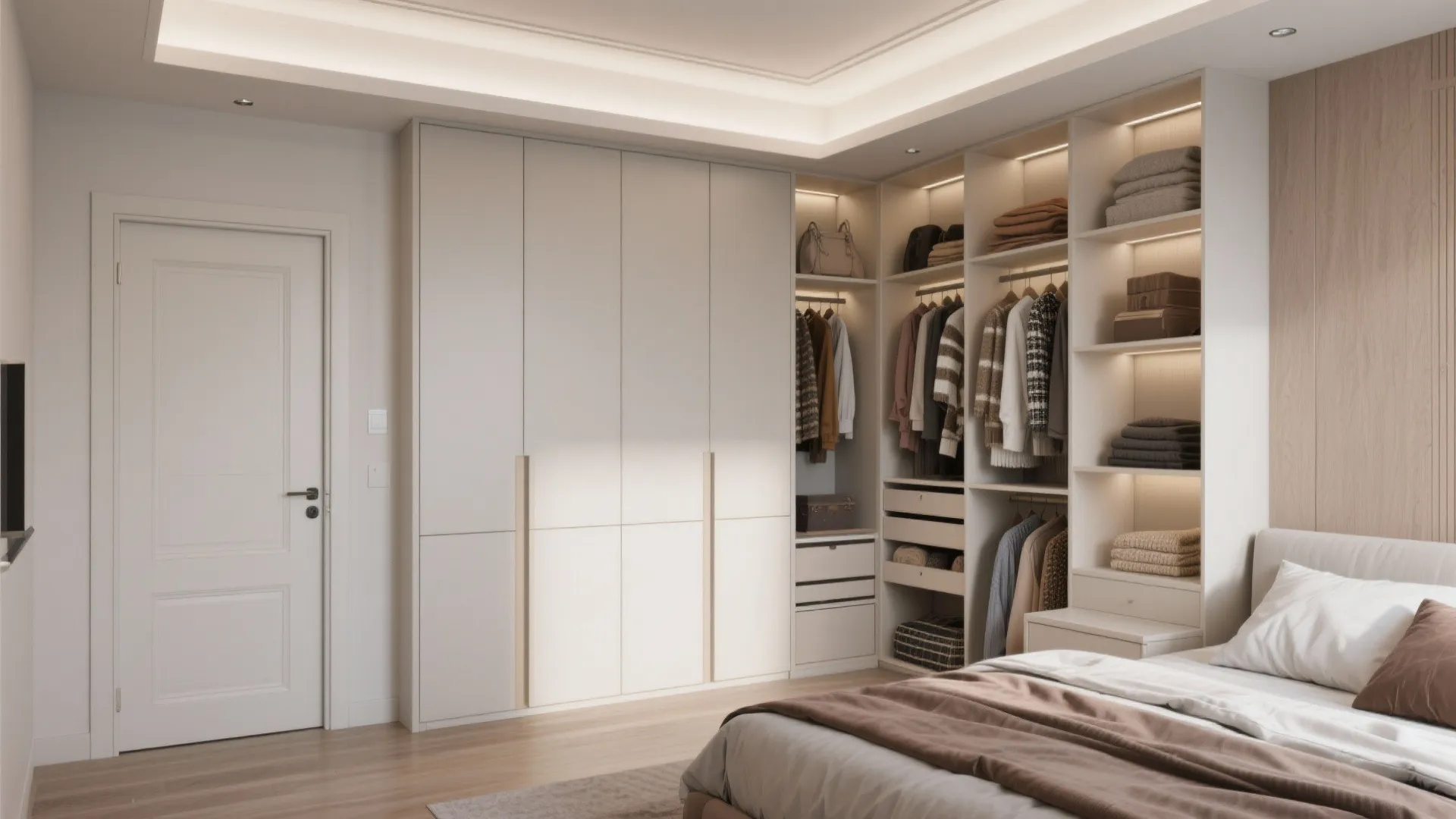 Bright bedroom featuring white floor to ceiling wardrobe with open shelves for clothes and bags