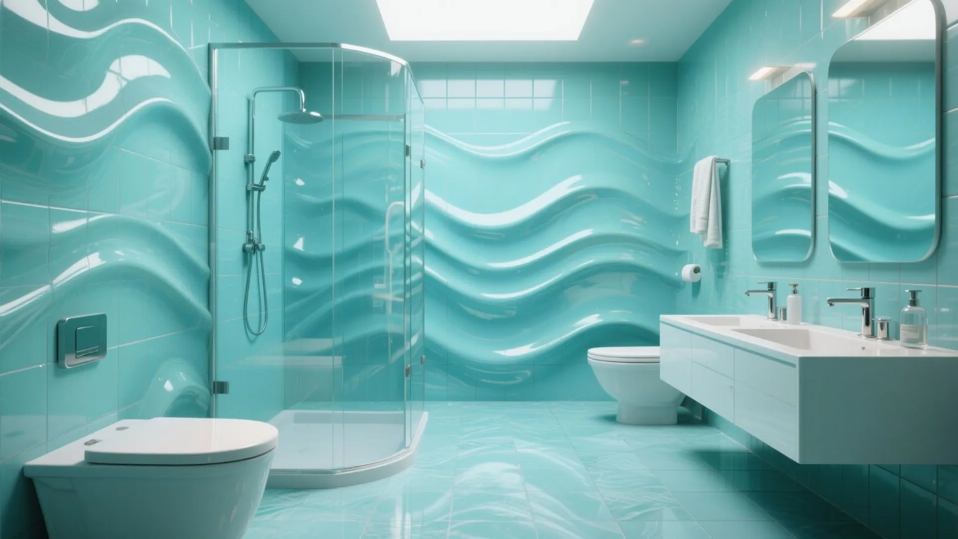 Bright turquoise bathroom featuring unique 3D wavy wall panels glass shower and double white sinks