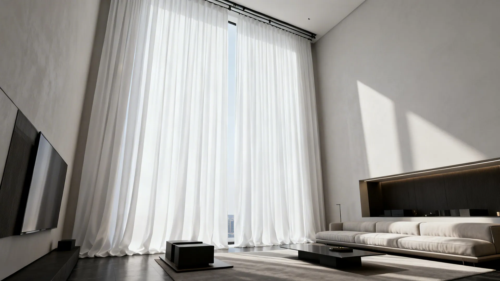 Living room with floor-to-ceiling white drapes on a concealed track, making ceilings appear higher.