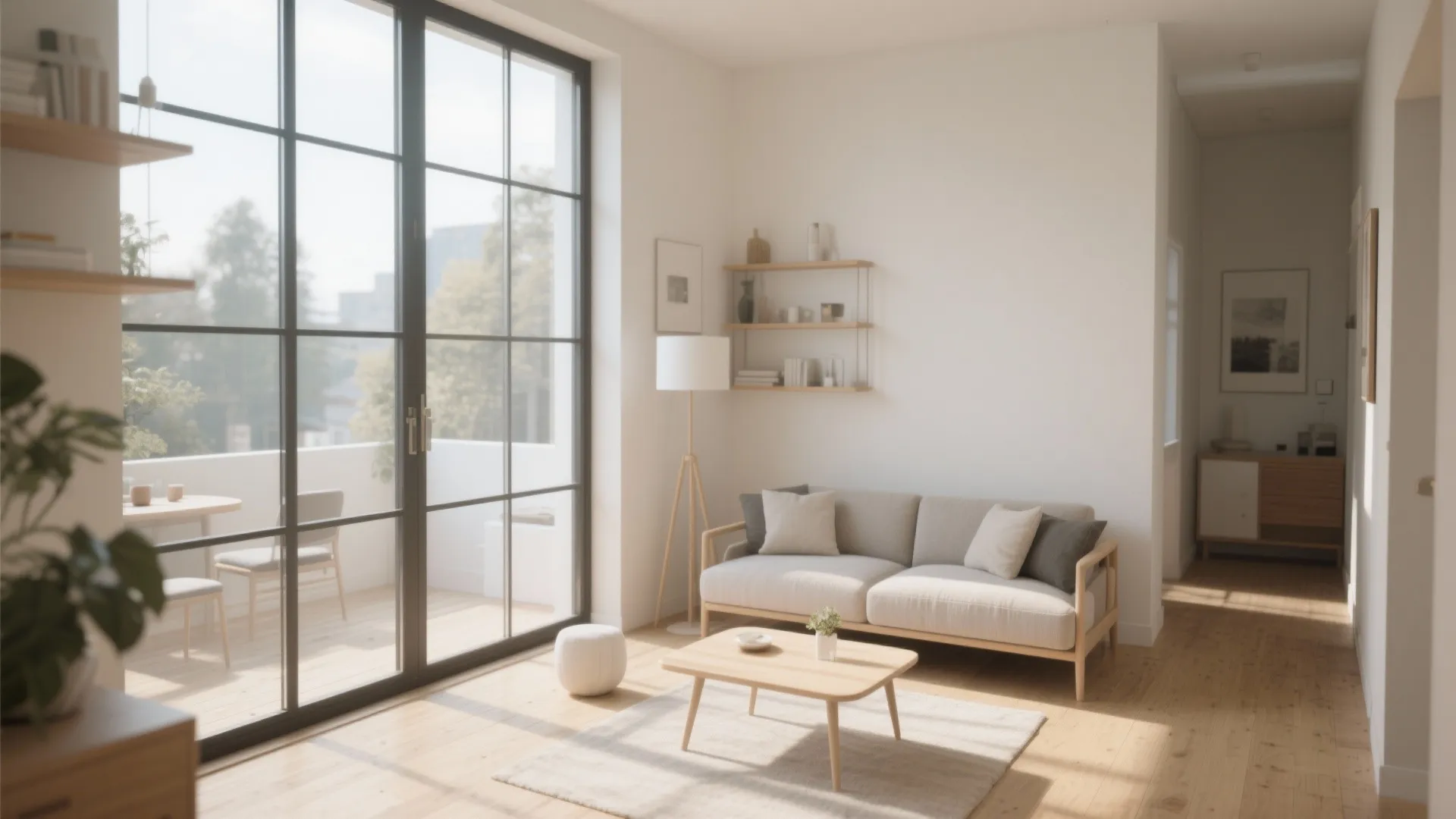 Modern bright living room with large glass windows and door opening to a small outdoor balcony