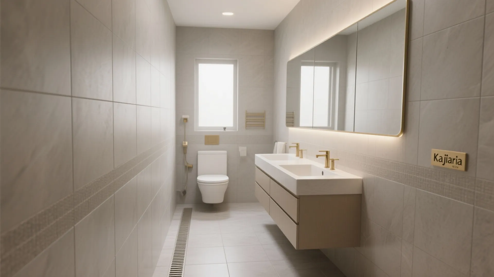 Modern bathroom featuring white toilet, wooden vanity, glass shower, grey floor tiles, and large mirror