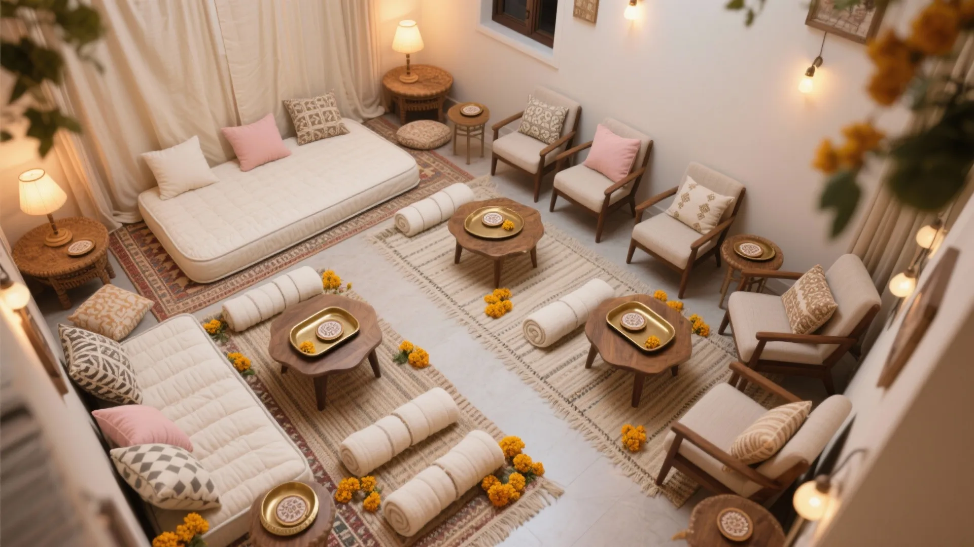 Floor Seating with Low Tables and Cozy Layers