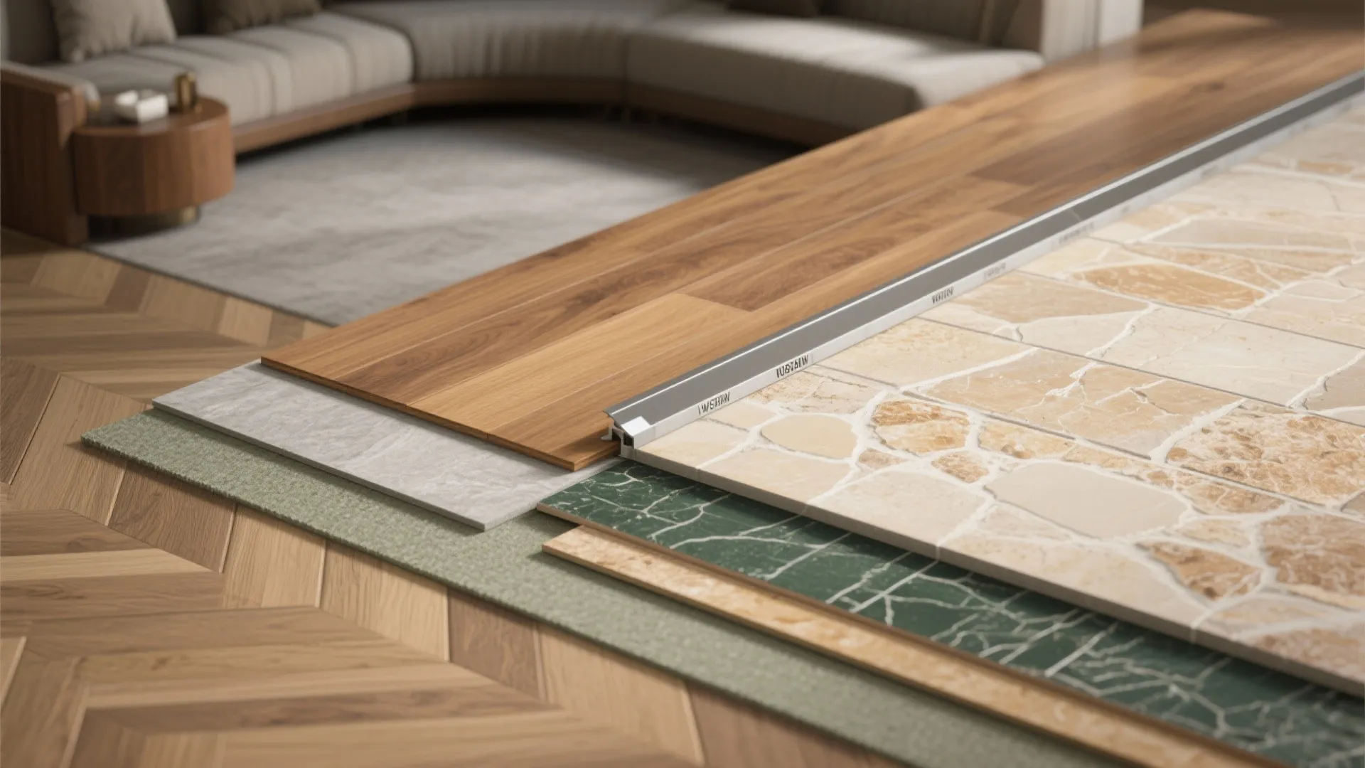 Close up of different floor materials including wood and stone tile joined by a metal strip