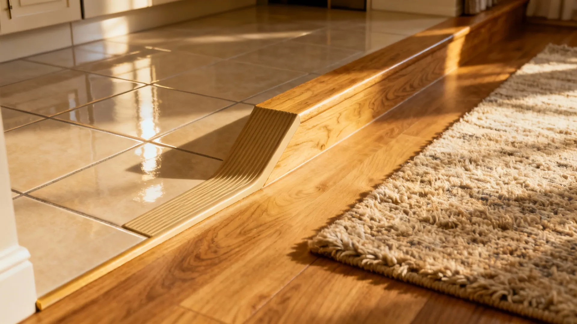 Raised flooring edge and contrasting rug defining kitchen and living room zones with safe transition.
