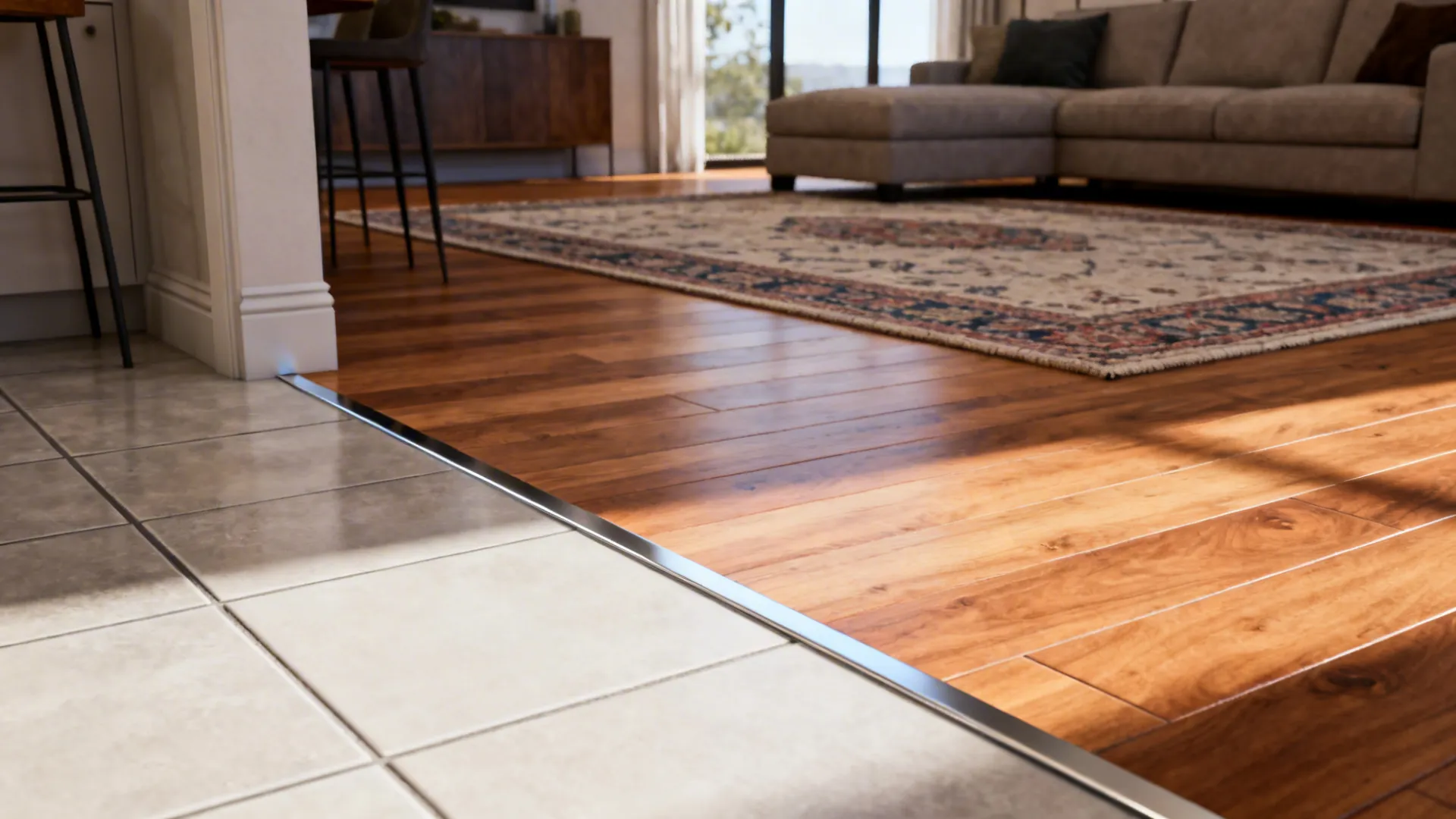 Distinct tile-to-timber floor transition with metal threshold and rug defining the living zone.