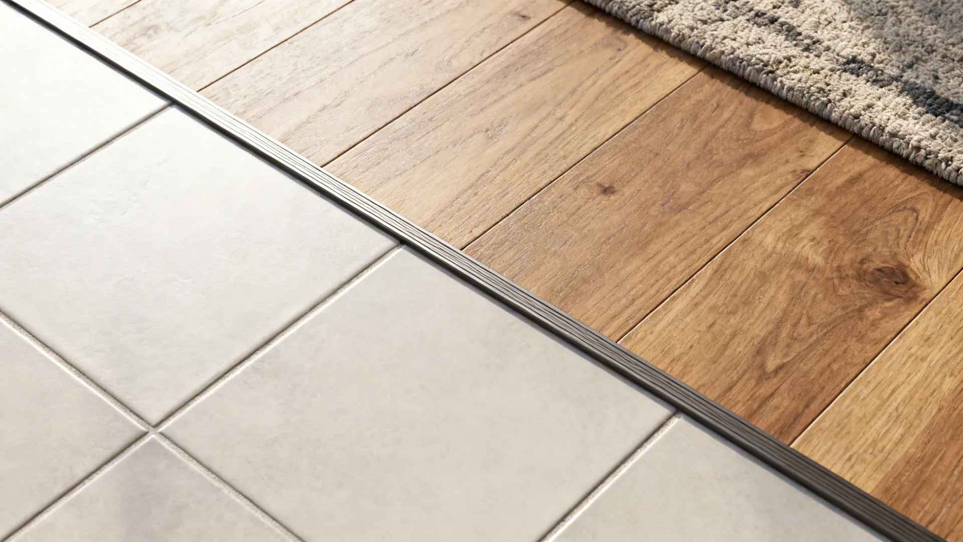 Close top-down detail of reducer strip between tile and wood with a rug edge.