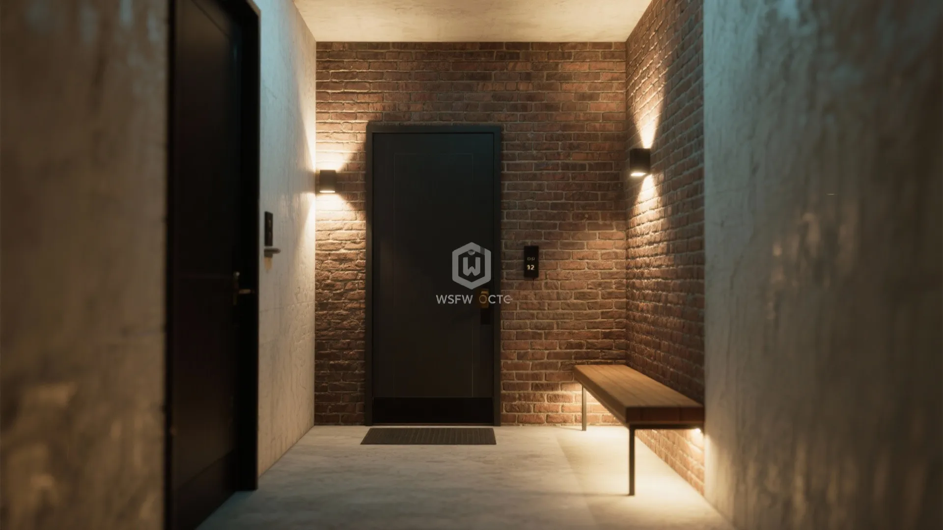 Compact entry with low bench and floor uplights highlighting brick and adding height.