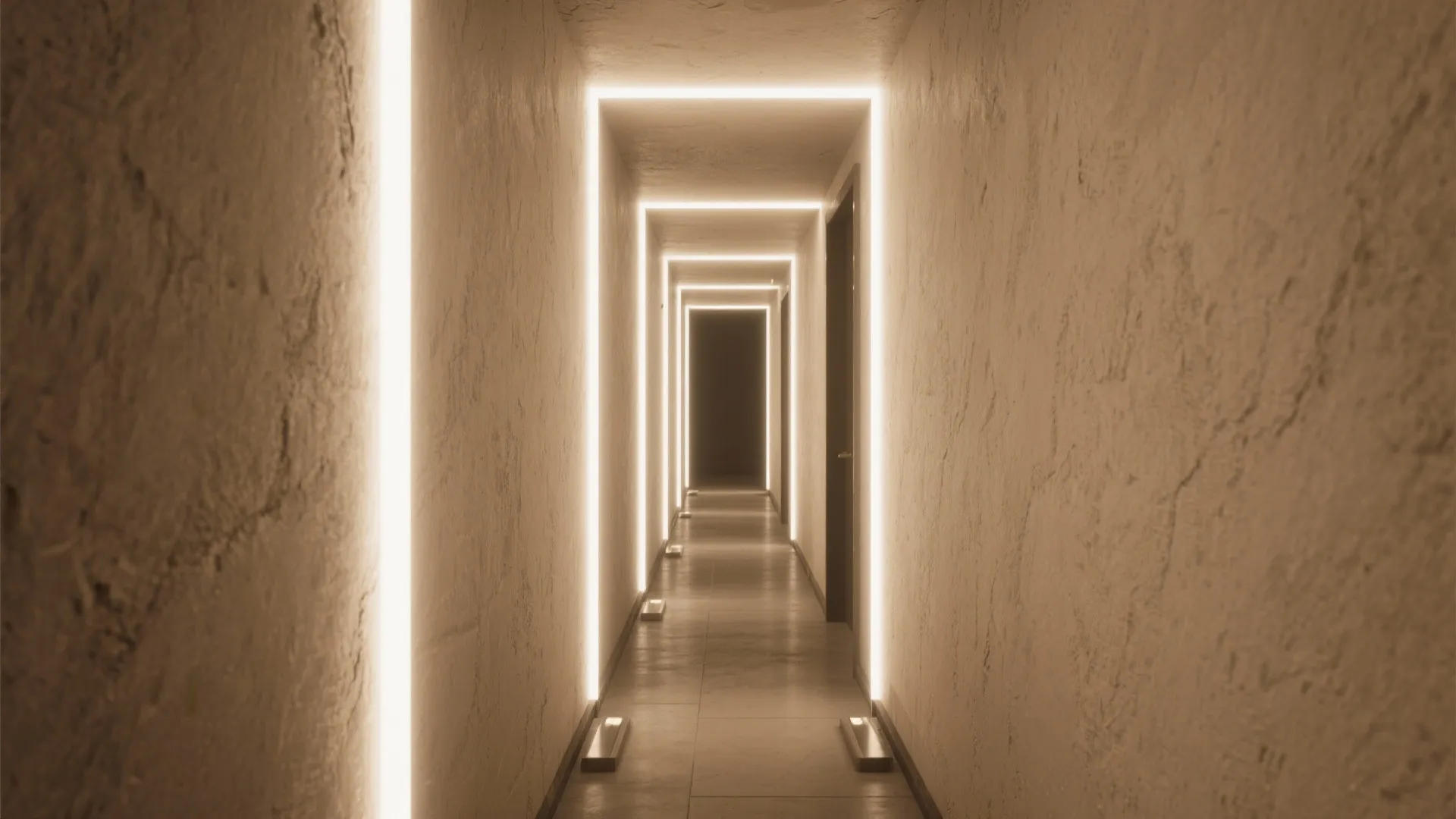 Long narrow hallway with warm glowing rectangular light fixtures on walls creating a modern perspective