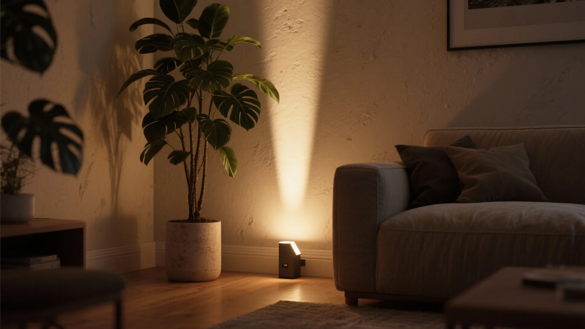 Living room corner with floor light washing up wall next to large plant and sofa