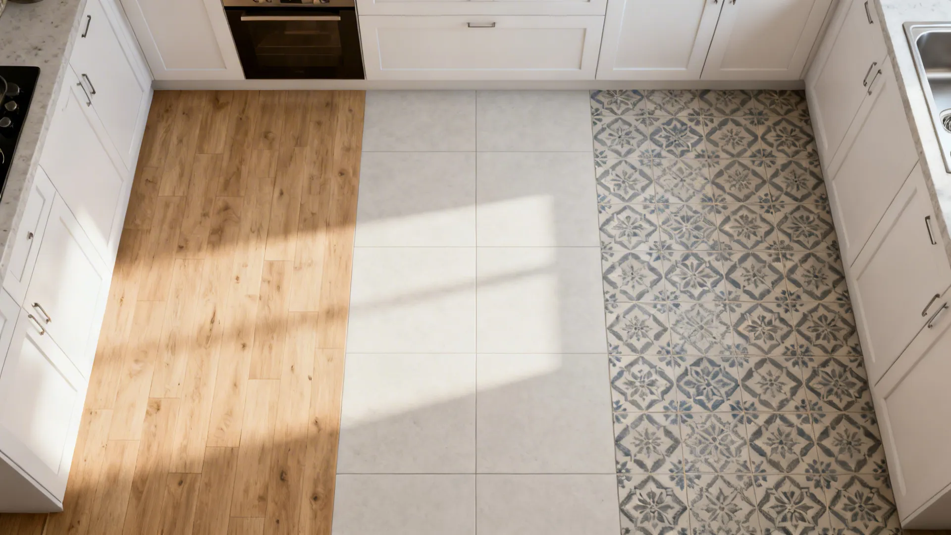 Composite mockup comparing light wood, porcelain, and patterned tile floors with identical white cabinets