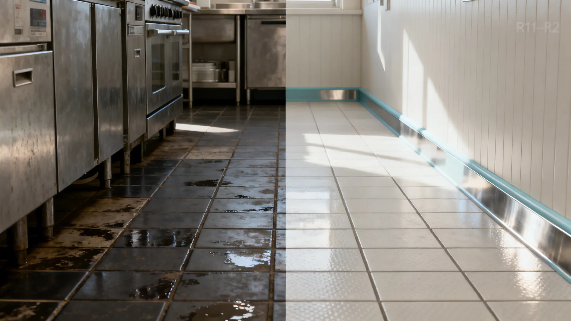 Before-and-after of kitchen showing switch to anti-slip tiles with coved skirting and light wipeable walls.
