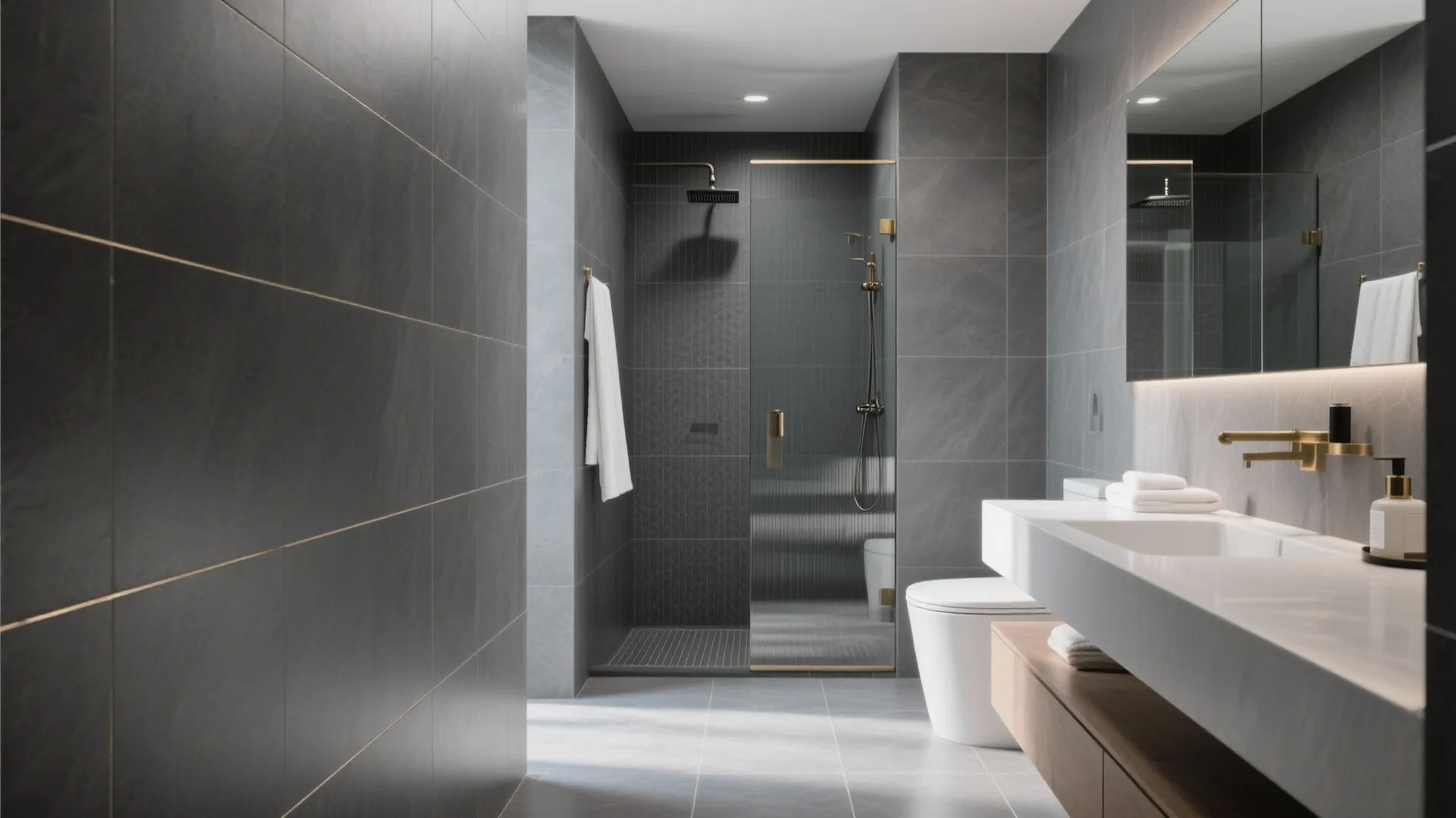 Matte charcoal porcelain, carried floor-to-wall