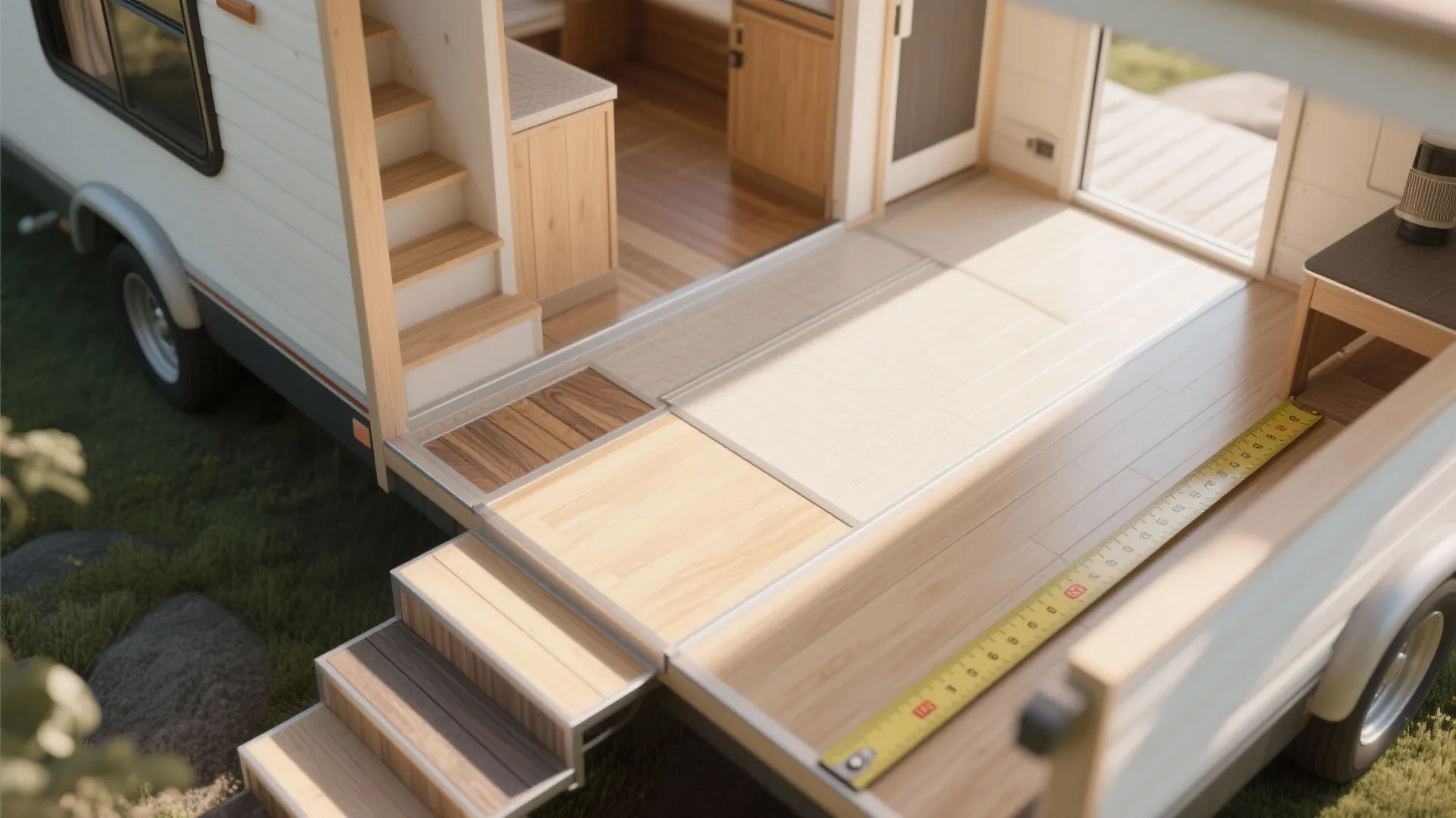 Interior design drawing showing wooden stairs, floor material samples, yellow measuring tape, and kitchen cabinet