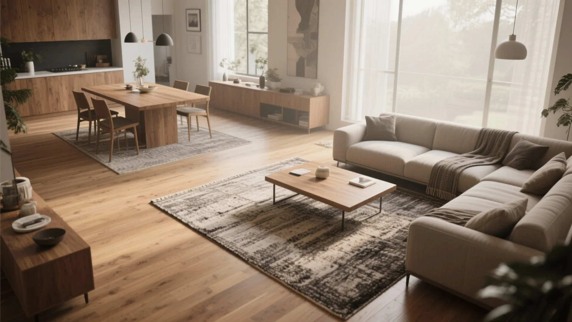 2. Use consistent flooring and subtle rugs